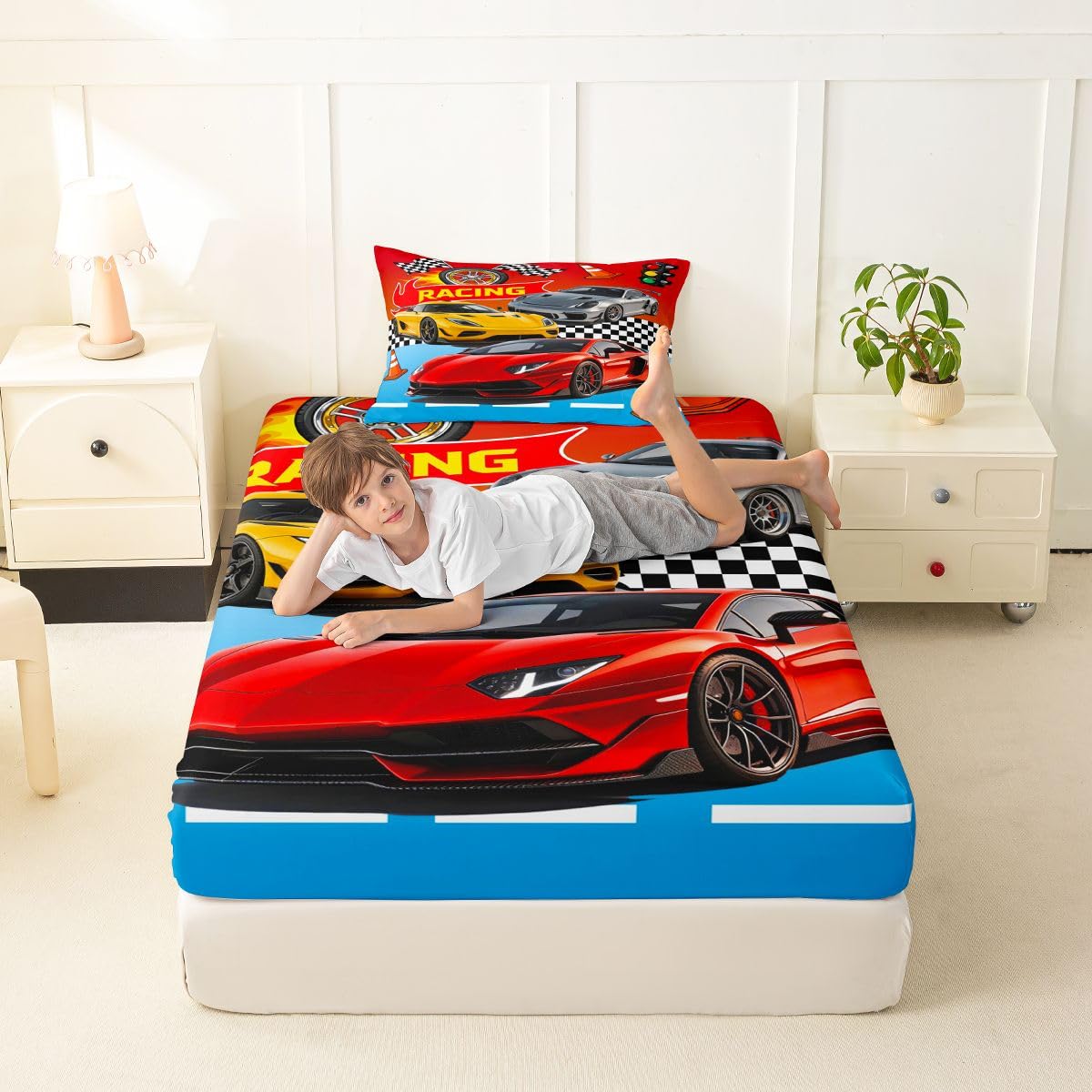 Feelyou Boys Race Car Fitted Sheet Twin Size for Kids Boys Girls Speed Sports Car Bed Sheets Set 16" Deep Pocket Soft Breathable Microfiber Racing Bedding with 1 Pillowcase Extreme Sports Room Decor