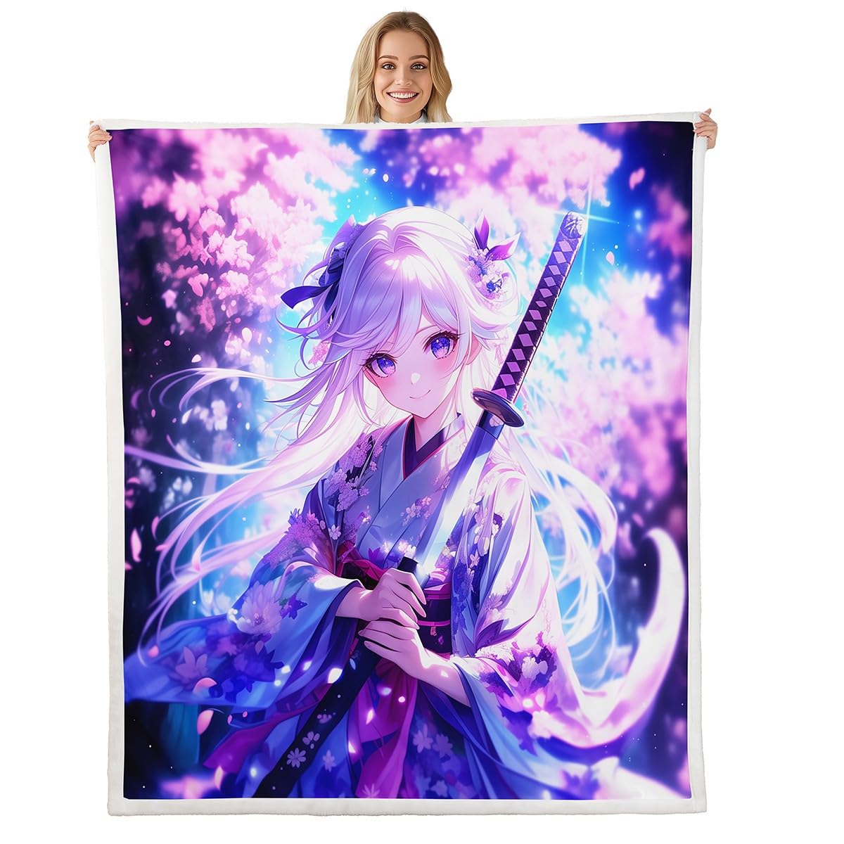 Erosebridal Anime Girl Twin Size Sherpa Blanket for Kids,Kawaii Japanese Anime Fuzzy Plush Throw Cartoon Girl Fleece Blanket Sci Fi Style Japanese Animation Decor for Bed Couch for Kids Girls