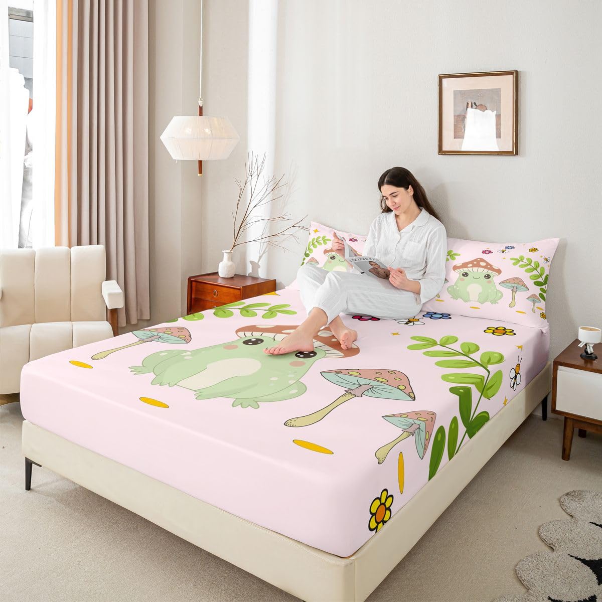 Feelyou Cute Frog Bedding Fitted Sheet Mushroom Bedding Sheets for Kids Boys Girls Natural Wild Fungus Bed Sheet Set Botanical Plants Bed Cover 1 Bed Sheet Set with 2 Pillowcases Full Size
