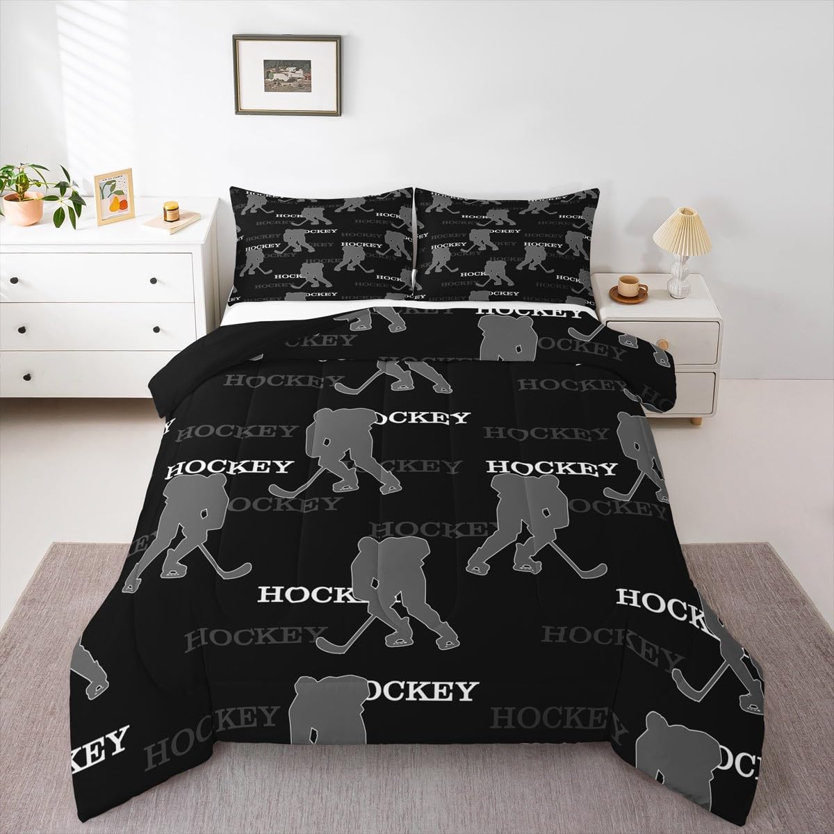 Ice Hockey Kids Bedding Set Queen Size, Comforter Set,Winter Sports Modern Quilt Comforter,Black Gray Bedroom Duvet Insert,2 Pillowcases