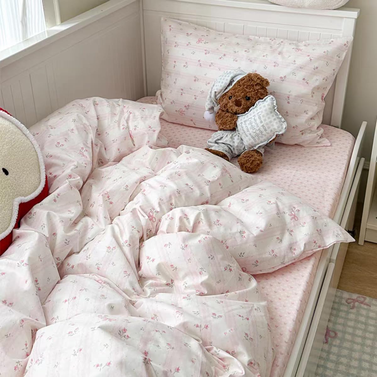 Sedefen Striped Duvet Cover Queen Size Pink Floral On White Bedding Set with Bow Pattern 3 Pieces Kids Boys Girls Cute Bowknot Reversible Princess Style Soft Duvet Cover Set with Zipper Closure