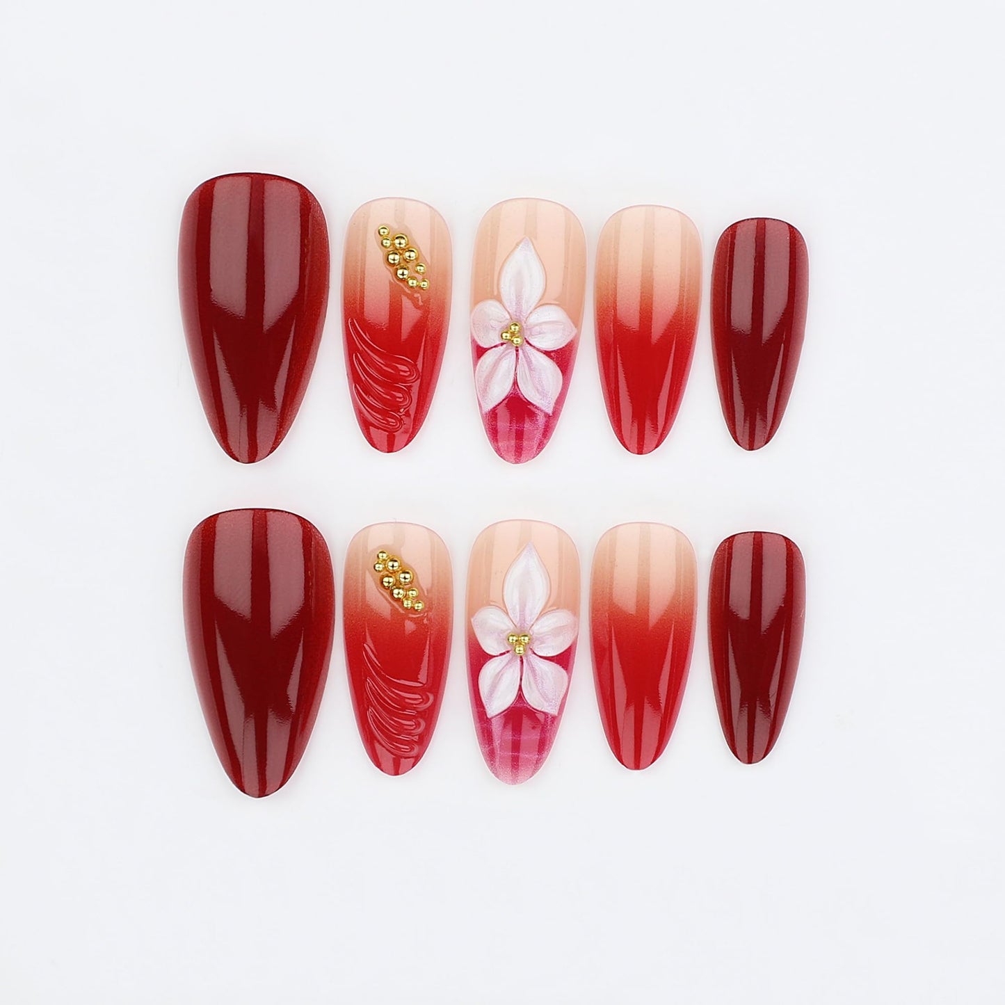 octoswave Press on Nails Medium Almond Fake Nails 3D Flowers Artificial Nail Embossed Designs Stick on Nail for Women 24pcs