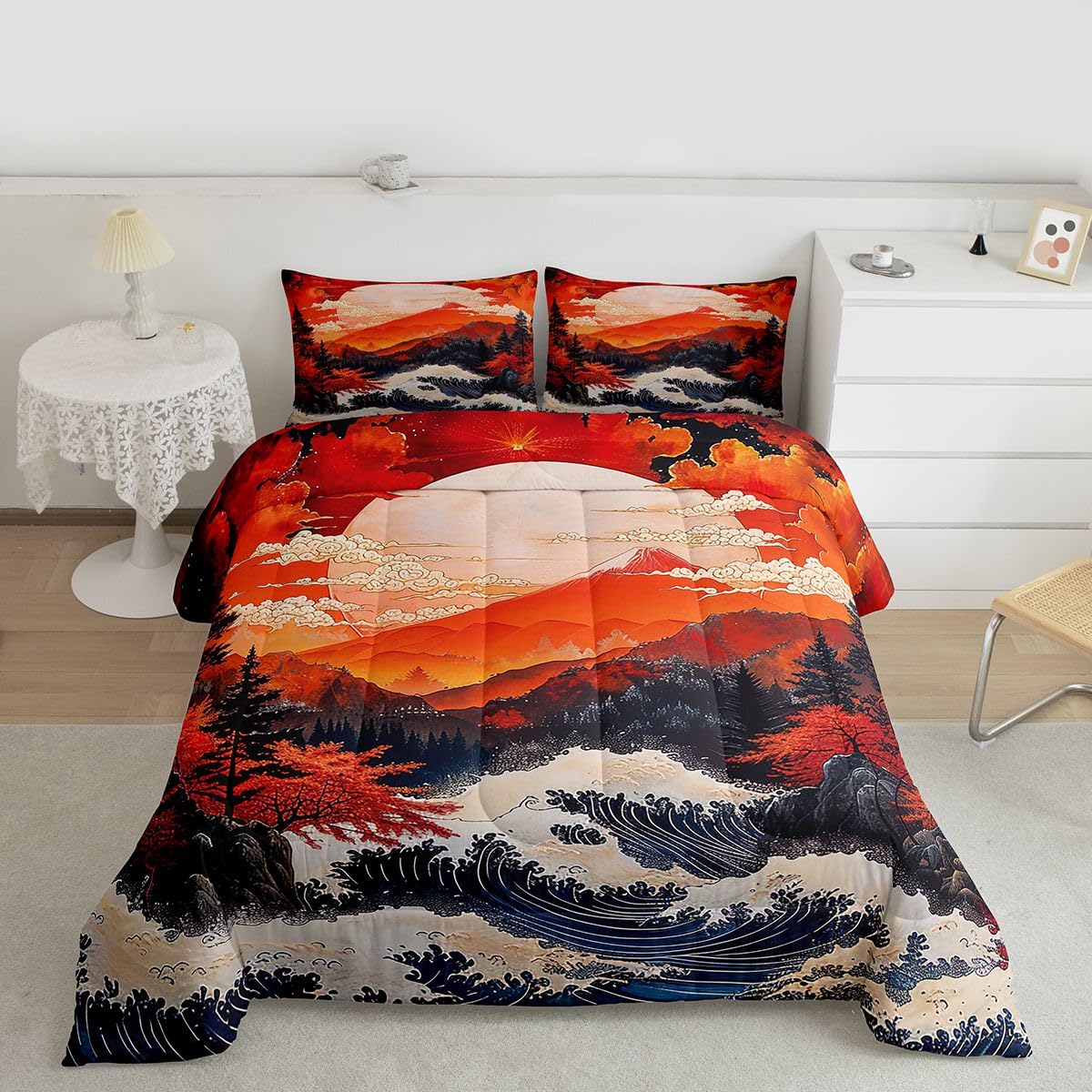 jejeloiu Wave Comforter Set All Season Red Sun Bedding Set with 2 Pillow Cases Japanese Style Microfiber Kids Queen Bedclothes Ocean Wave Bedroom Decor Duvet Quilt Breathable Soft Lightweight