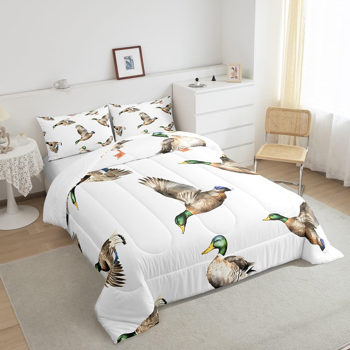 Feelyou Mallard Duck Bedding Set Hunting and Fishing Comforter Set Wild Animal Comforter for Boys Girls Kids Wildlife White Duvet Set Twin Size with 1 Pillow Case