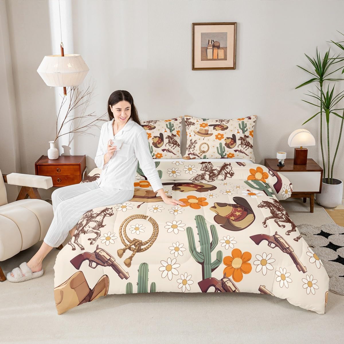 Feelyou Western Comforter Set All Season Cowgirl Floral Bedding Set with 2 Pillow Cases Western Cowboy Boots Kids Full Bedclothes Wild West Cactus Flower Bedroom Decor Pale Beige Duvet Quilt Soft