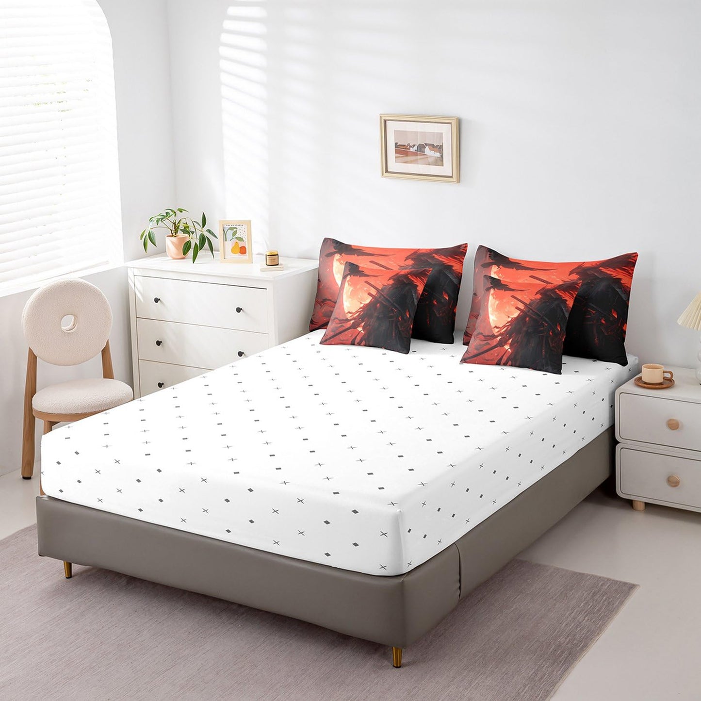 7 Pieces Twin Size Japan Samurai Comforter Set,Japanese Ukiyo-e Soldier Sword Bedding Set for Boys Men,Moon Crow Bird Animal Rustic (Comforter+Fitted+Flat Sheet+2 Pillowcases+2 Throw Pillow Covers)