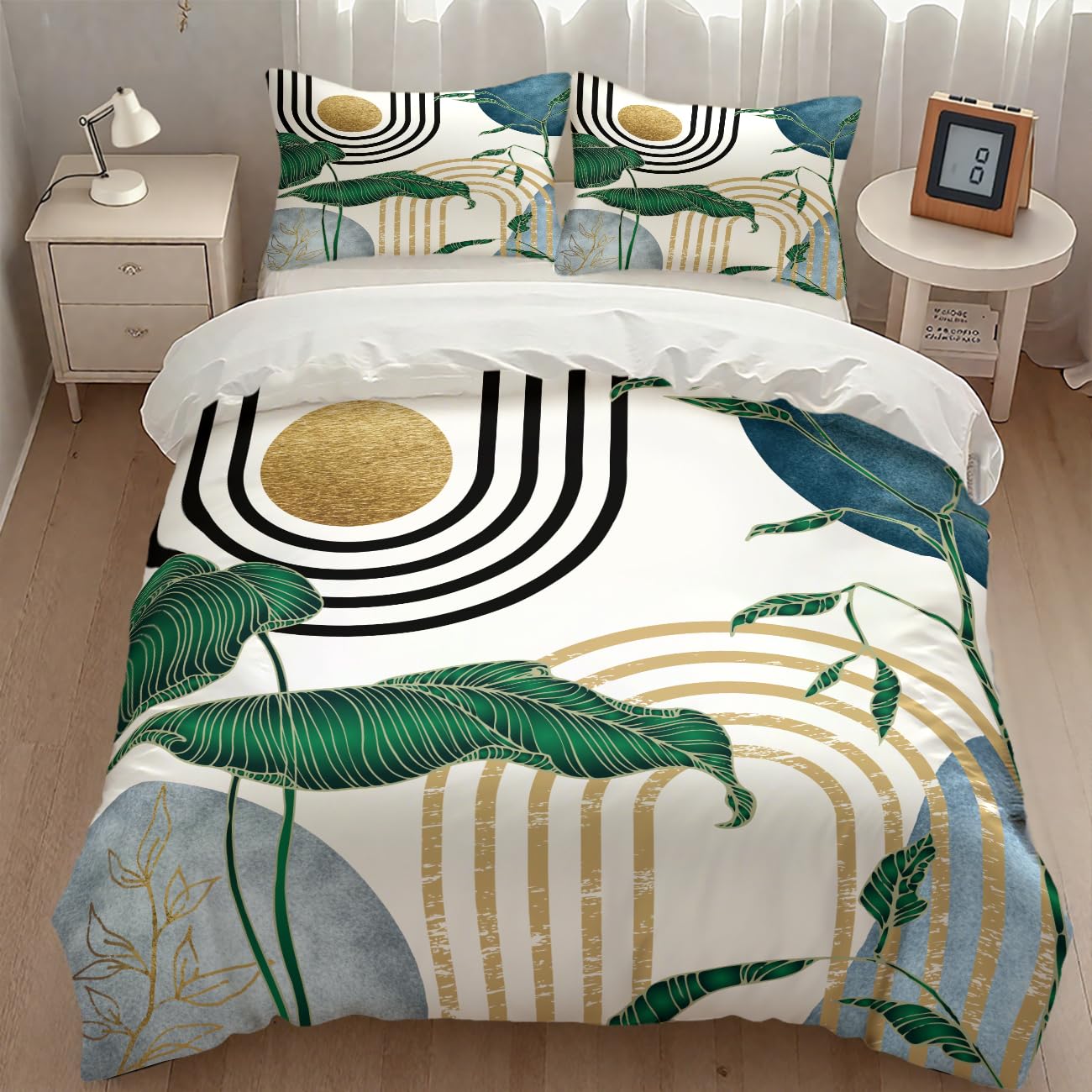 Lnepty Mid Century Leaves Bedding Set,Modern Abstract Tropical Monstera Palm Leaf Plant Minimalist Spring Summer Bohemian Geometric Comforter Set with Pillowcase for Bedroom Bed Decor，Twin 86"x70"