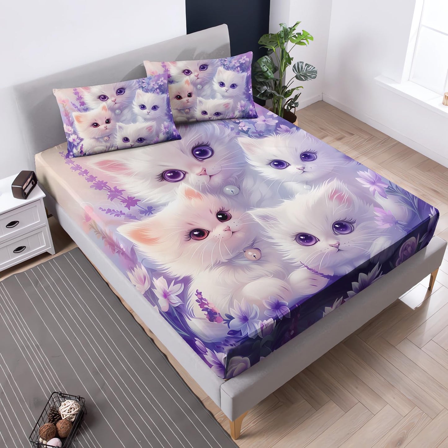 UEVBF Cat Fitted Sheet Toddler Bedding Set Twin Size,Floral Bedding Animal Themed Fitted Sheet for Kids Girls Bedroom Decor Aesthetic,Cute Kids Bedding Fitted Sheet,1 Fitted Sheet+2 Pillowcases.