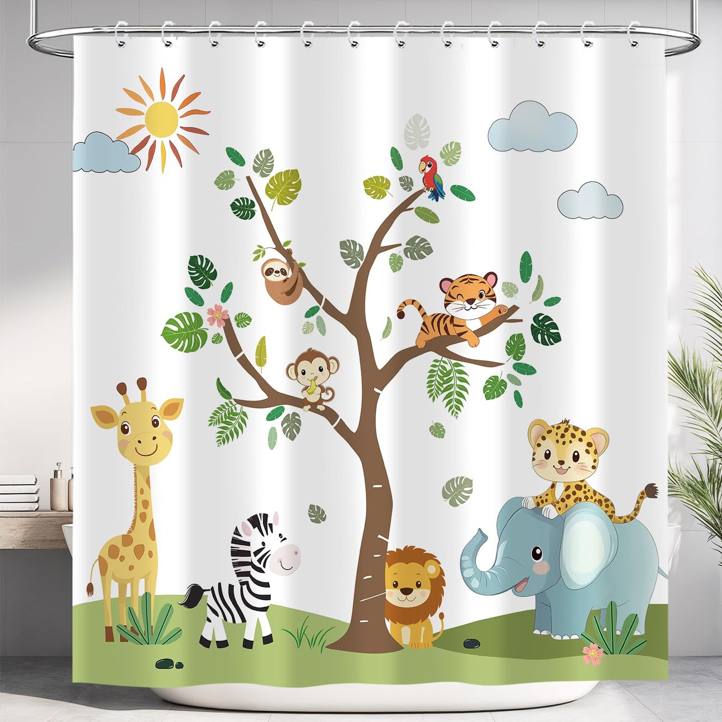 Jungle Animal Kids Shower Curtain, Elephant Lion Giraffe Woodland Safari Shower Curtain Set, Funny Cartoon Animals Educational Fabric Shower Curtain for Bathroom with 12PCS Hooks 72X72IN Green