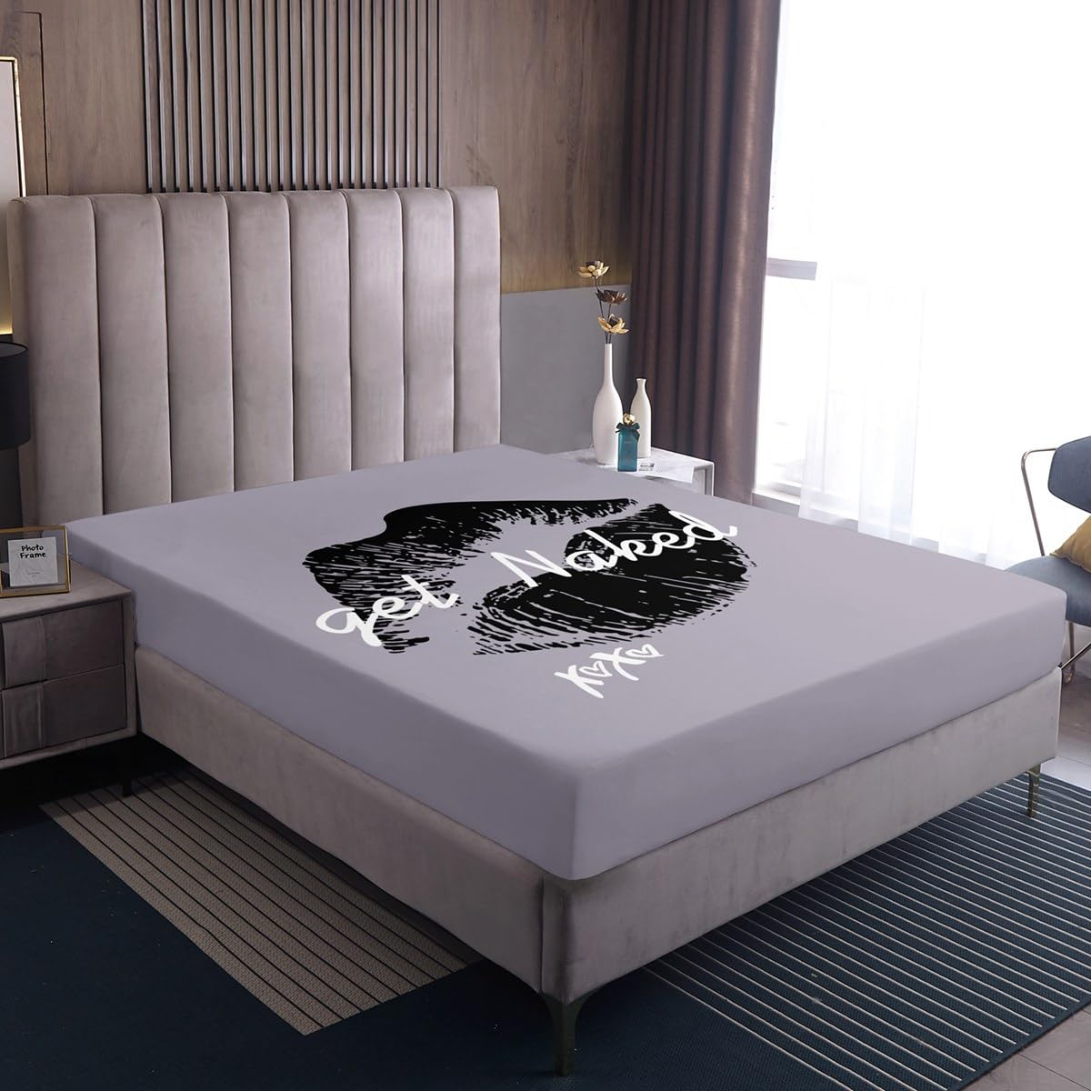 Get Naked Bedding Set Funny Quotes Kiss Fitted Sheet & Pillow Sham Set Sexy Feminine Lips Print Art Bed Sheet Set for Men Women Couple Lover Grey White Bed Cover No Flat Sheet Room Decor Full Size