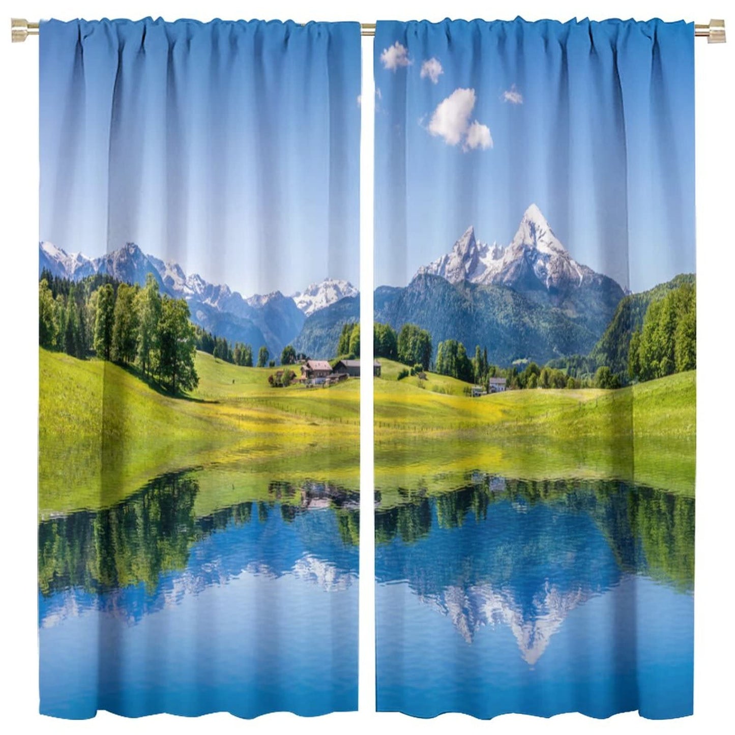 Lake Deocr Curtain, Nature Mountain Scenic Beautiful Blue Sky White Cloud House Grassland Landscapes Home Decor Windows Rod Pocket Curtains for Bedroom Kitchen Cafe Office Drapes 42x45in