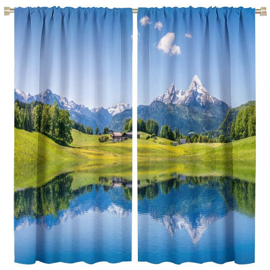 Lake Deocr Curtain, Nature Mountain Scenic Beautiful Blue Sky White Cloud House Grassland Landscapes Home Decor Windows Rod Pocket Curtains for Bedroom Kitchen Cafe Office Drapes 42x45in