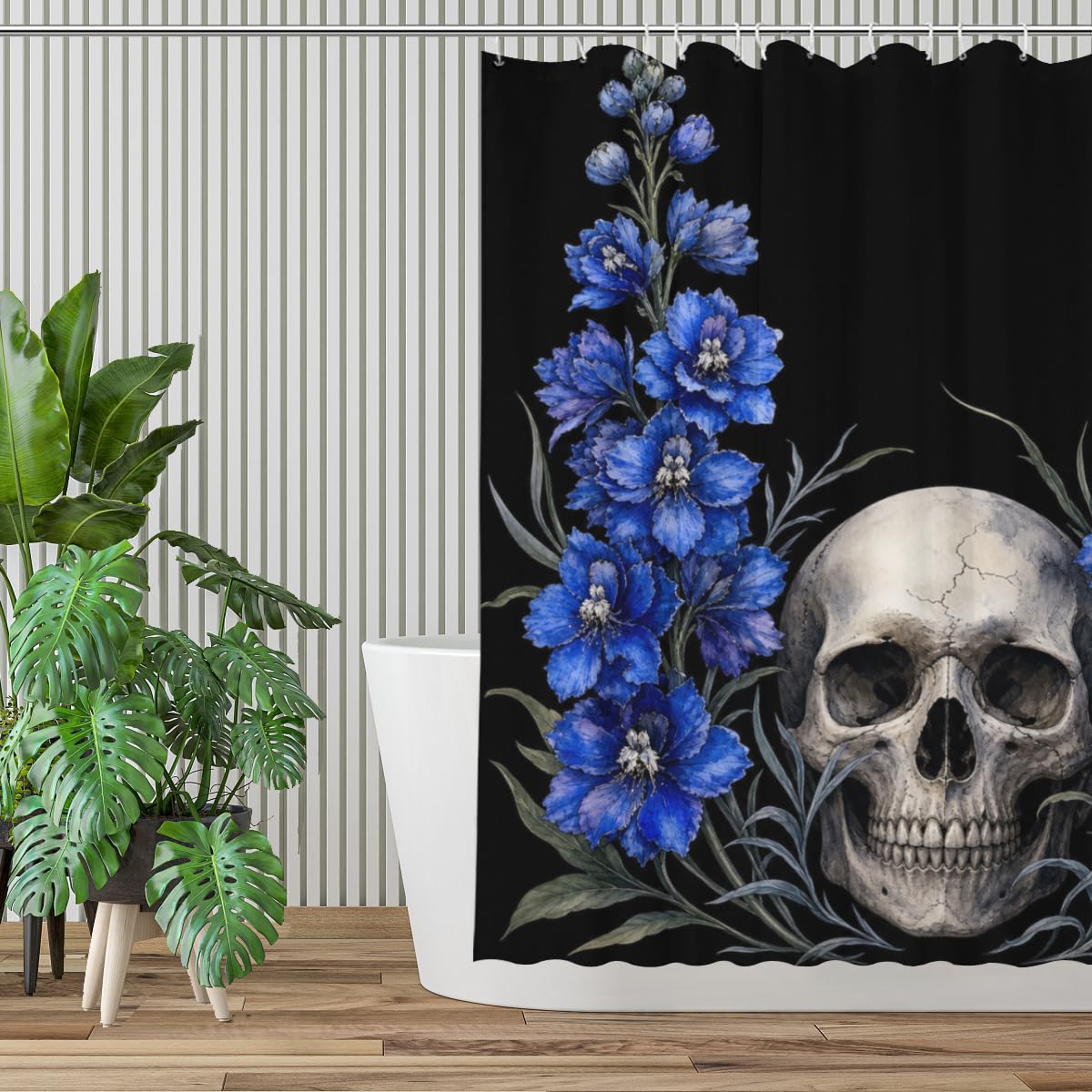 TopPacific Skull Blue Delphinium Shower Curtain 72x72 Inch Shower Curtain with 12 Hooks Polyester Skull Blue Delphinium Flowers Black Background Bathroom Decor