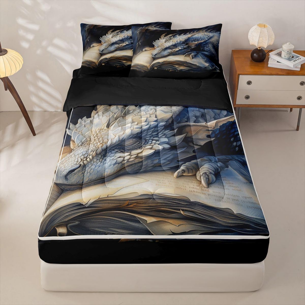 jejeloiu Flying Dragon Comforter Set Twin Zipper Bedding Set for Girls Boys Fantasy Animal Comforter with Fitted Sheet, Pillowcases Ancient Wildlife Zipper Bedding Breathable Cartoon Animal Bed Set