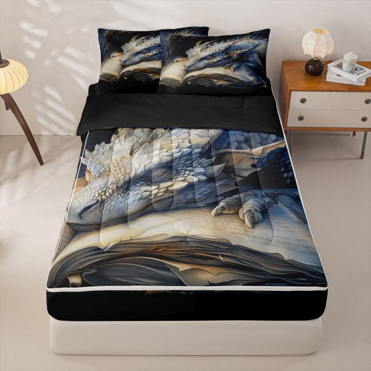 jejeloiu Flying Dragon Comforter Set Twin Zipper Bedding Set for Girls Boys Fantasy Animal Comforter with Fitted Sheet, Pillowcases Ancient Wildlife Zipper Bedding Breathable Cartoon Animal Bed Set
