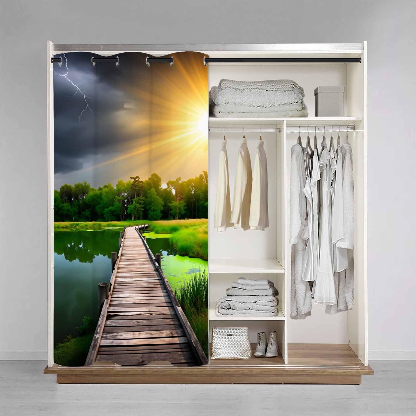 Haciadan Wooden Bridge Sliding Door Curtain River Sunset Green Grass Doorway Curtain 1 Panel 34" W X 80" L Door Drape for Kitchen Restaurant