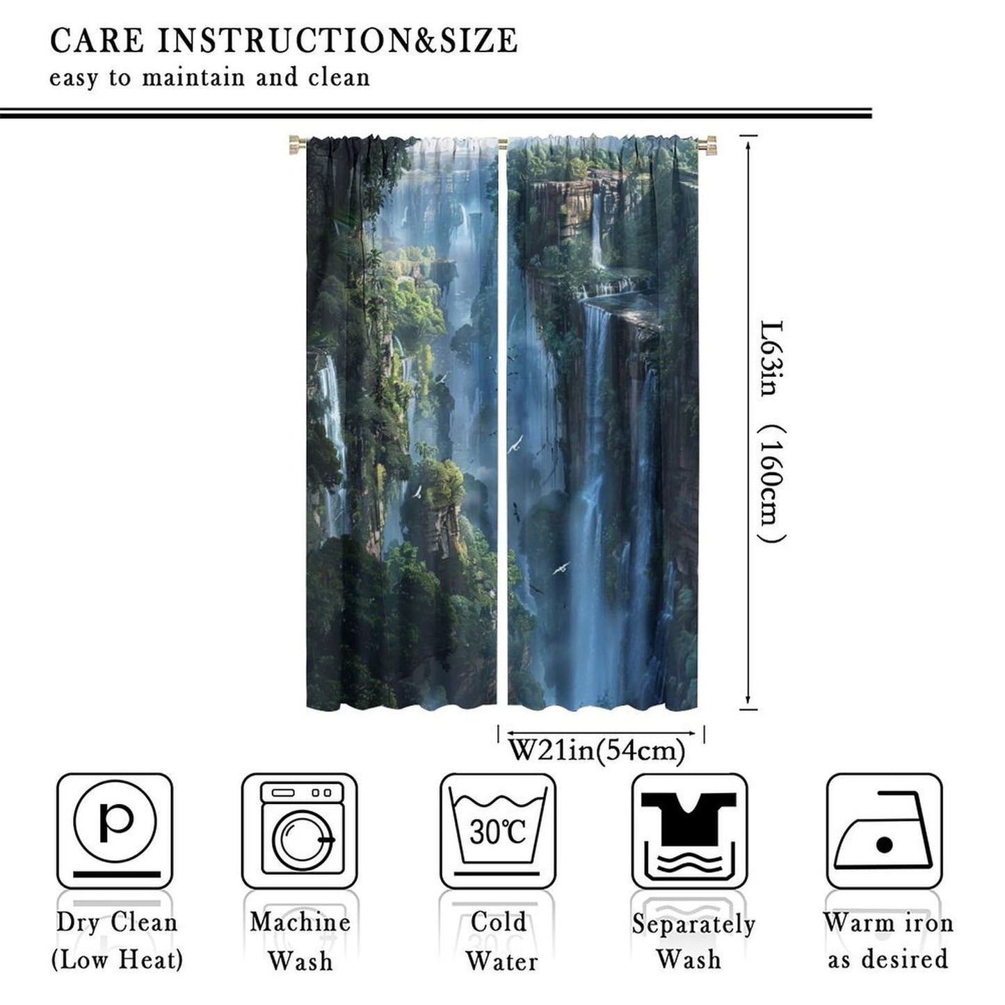 TOWINSFB Classic Waterfall Landscape Blackout Curtains, Forest Mountain Jungle Bird Home Decor Rod Pocket Window Drapes for Living Room Bedroom - 42" W x 63" L