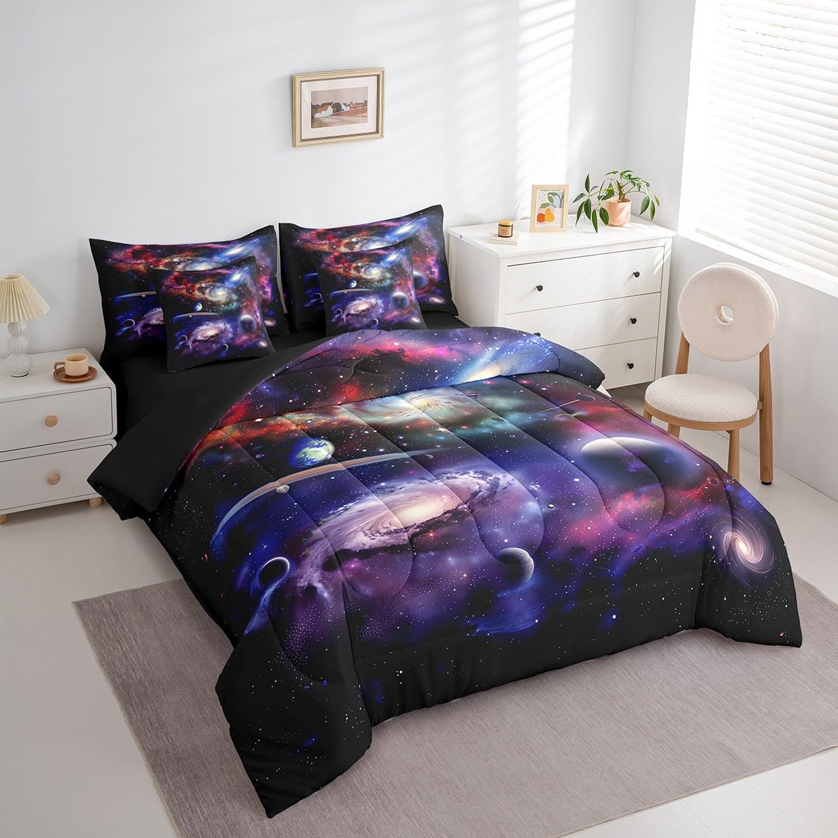 Erosebridal Purple Galaxy Bed in A Bag Starry Sky Quilt with Flat Fitted Sheet Outer Space Universe Planet Bedding Sets 3D Solar System Theme Comforter Set 7 Piece Twin,Purple