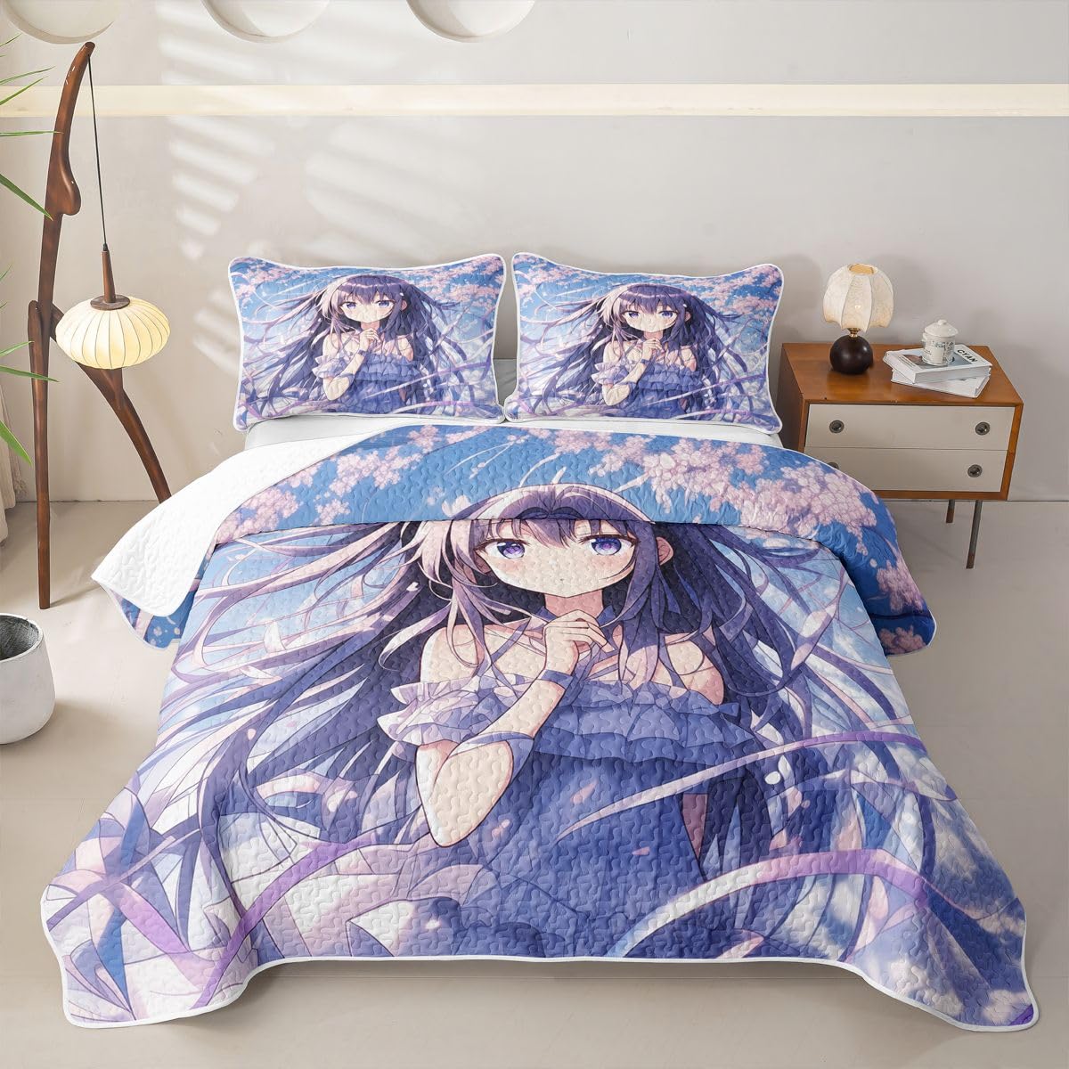 Erosebridal Japanese Girl Quilts Twin Size - Anime Gift Bedspread Coverlet Set, Cherry Blossoms Quilt Coverlets 2Pcs (Only 1 Pillowcase)
