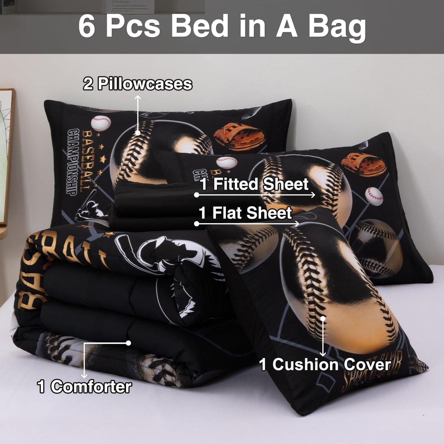 A Nice Night Baseball Printed Comforter Sets,with ‌Baseball Glove Player‌ Printing Twin 6Pcs Bedding Set in a Bag for Teen Boys
