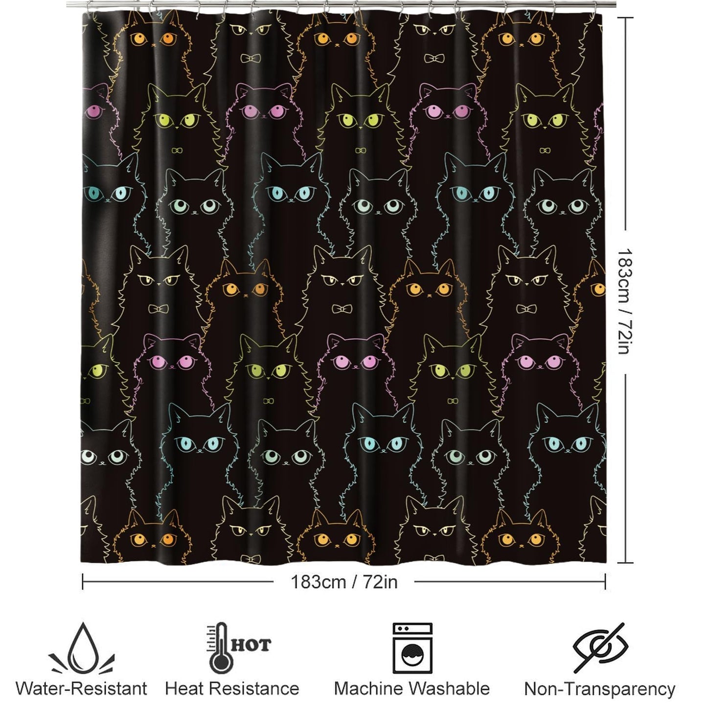 SDIII Black Cat Shower Curtain Set 72x72 Inch, Waterproof Microfiber Shower Curtain Cat Black for Cute Animal Themed Bathroom Decor Halloween
