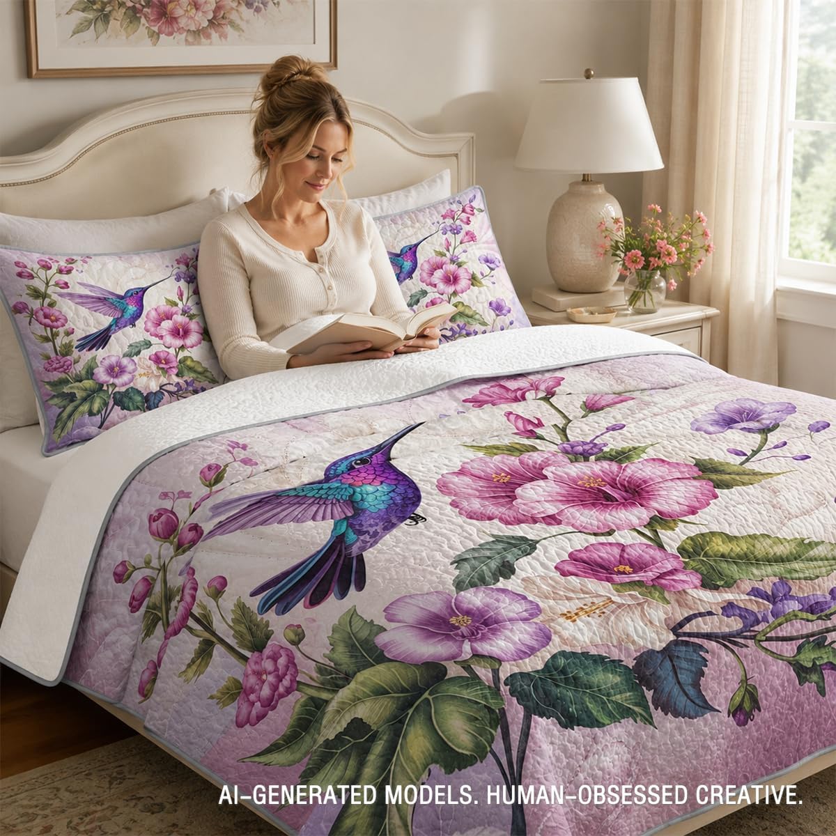 ARIGHTEX Flower Bird Quilt Set, Pink Purple Floral Hummingbird Bedding Set