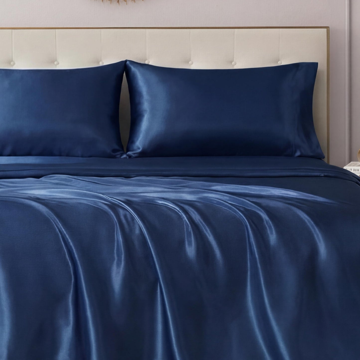 Juicy Couture Full Size Satin Bed Sheet Set, Deep Pocket Silky Satin Full Sheet Set with 1 Fitted Sheet, 1 Flat Sheet and 2 Pillowcases, Wrinkle Resistant and Anti Pilling Bed Sheets - Dark Blue