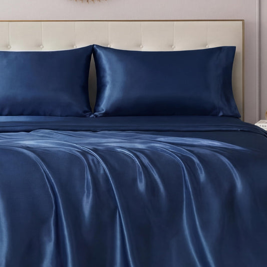 Juicy Couture Full Size Satin Bed Sheet Set, Deep Pocket Silky Satin Full Sheet Set with 1 Fitted Sheet, 1 Flat Sheet and 2 Pillowcases, Wrinkle Resistant and Anti Pilling Bed Sheets - Dark Blue