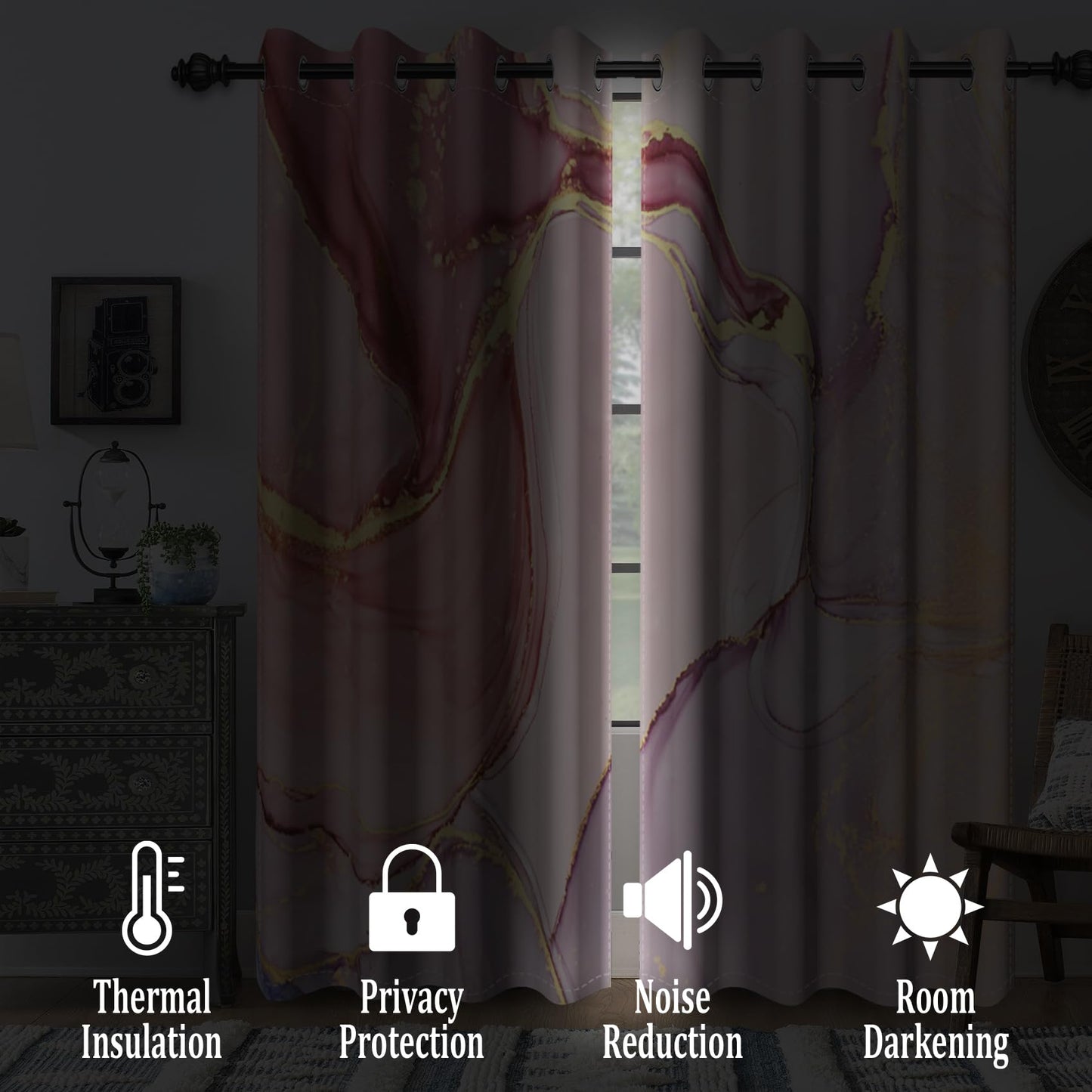 Renaiss Pink Marble Blackout Curtains for Bedroom Abstract Liquid Gold Texture Window Curtain Modern Luxury Ink Art Window Drapes for Living Room Decor Curtains 2 Panels Set, 42x63 Inch