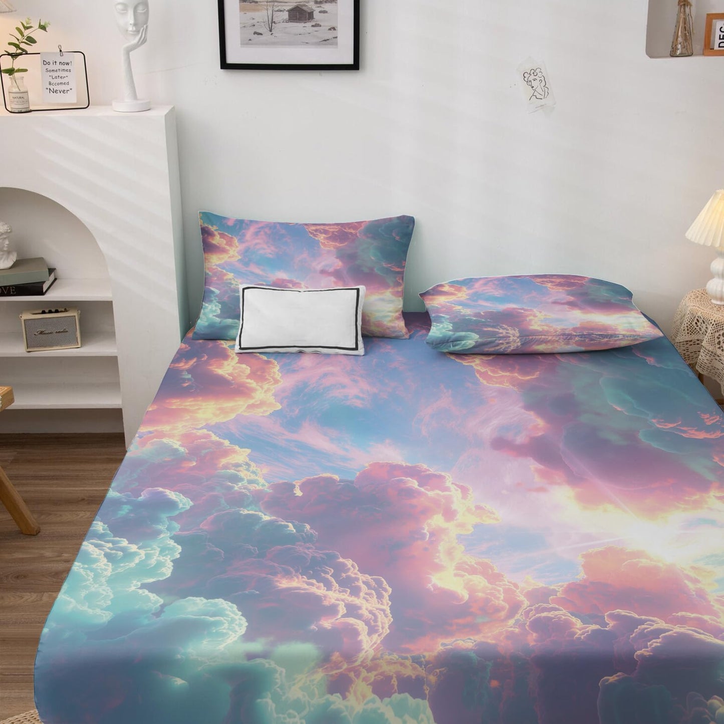 NOGAWA Colorful Cloud Sheets King Size, Sun Landscape Bed Sheets, Patterned Bedding Sheets & Pillowcases 4 Piece Set - Soft Microfiber Deep Pocket Fitted Sheet & Flat Sheet & 2 Pillow Cases