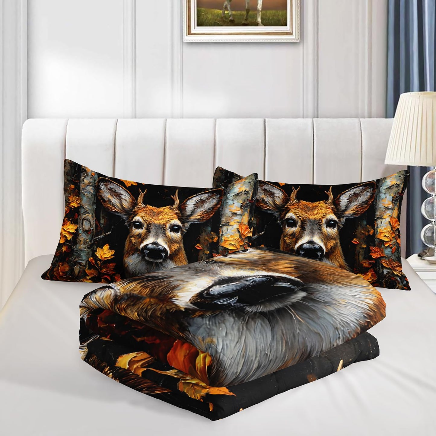 HOSIMA Deer Twin Comforter Set,Brown Deer in Forest Print Animal Bedding for Teens Boys Room Decor,Maple Leaves Pattern Hunting Themed Fluffy Wildlife Bedding Sets with 2 Pillowcases.