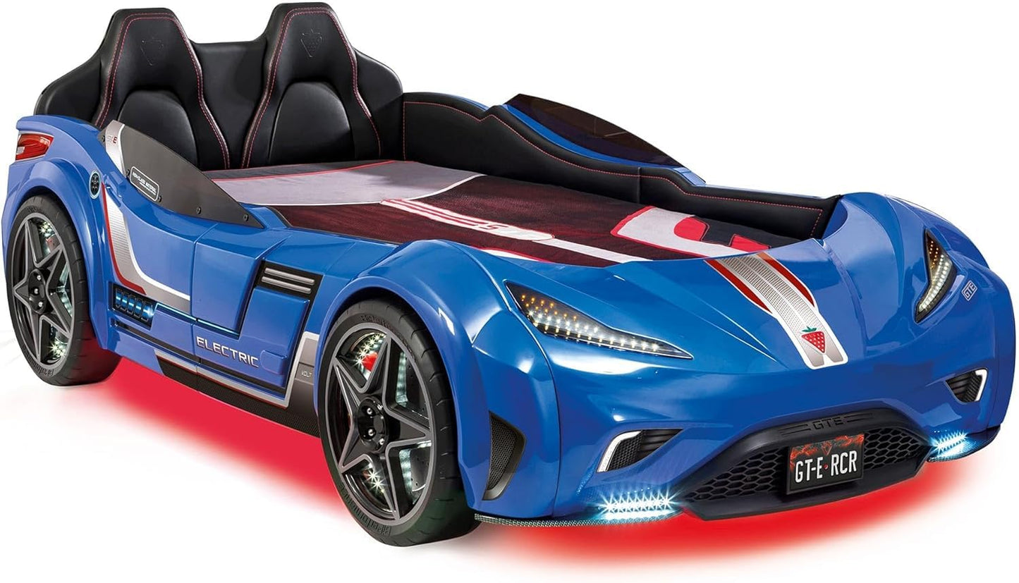 Cilek GTS EV Twin Race Car Bed for Boys with Remote Control, LED Lights & Sounds, Vegan Leather Headboard, Guardrails, Non-Toxic, Fits Twin Mattress, 250 lbs. Capacity, Suitable for ages 3-12, Blue