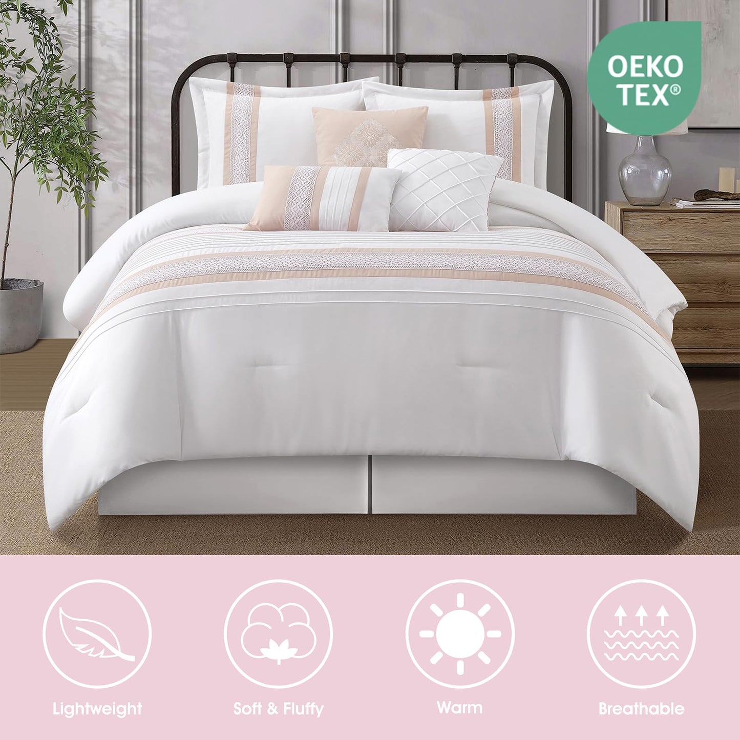 LANCO MODERN LIFESTYLE 7 Piece Comforter Set, Pink White, Queen Size, Boho Style Geometric Microfiber Embroidery, Bed in a Bag with Bedskirt, Pillow Shams and Decor Pillows