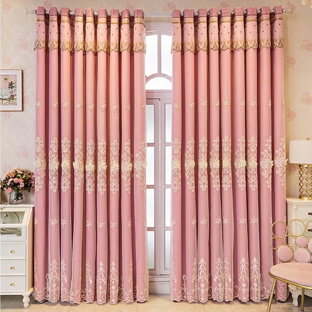 Amidoudou 1 Pair European Double Layer Curtains Luxury Embroidered Curtains for Living Room Bedroom (Pink,52x96 Inch)