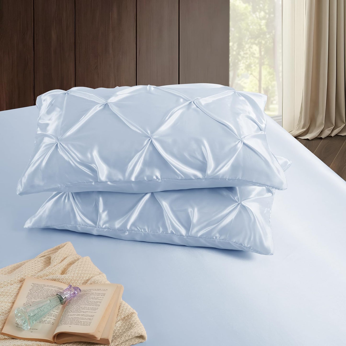 P Pothuiny 3-Piece Set Pintuck Satin Pillowcases & Twin Fitted Sheet, Baby Blue Satin Sheet Silky Soft Luxury Romantic Pinch Pleated Bedding Bedroom Dorm Decor, 15 Inch Deep Pocket