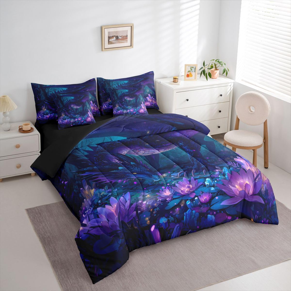 Feelyou Dragon Comforter Set with Sheets 7 Piece Twin Size Dragon Stuff Bedding Set for Kids Boys Girls Wild Life Bed in a Bag Magic Wildlife Room Decor Purple and Black Soft Lightweight Microfiber