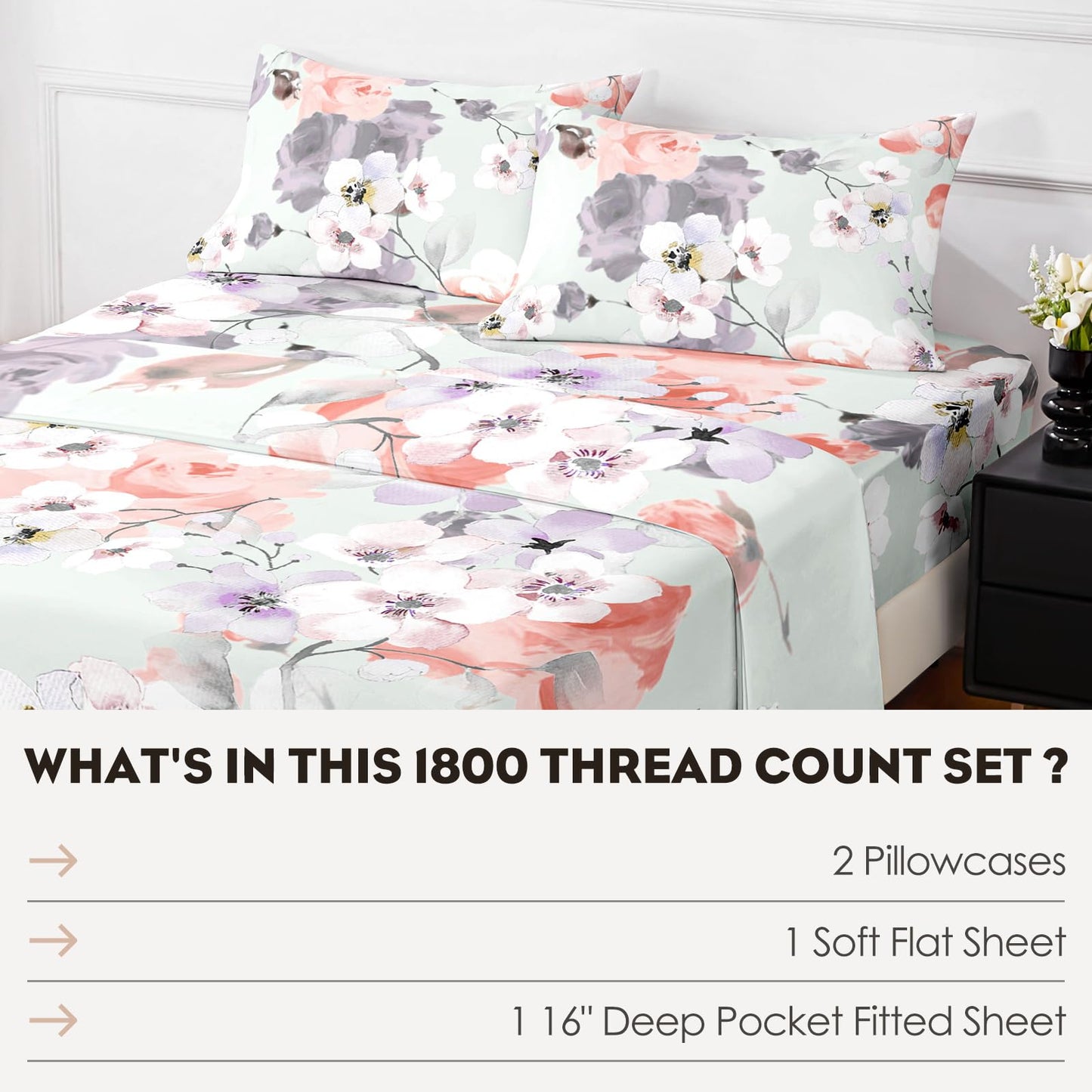 HCORA Floral Queen Sheet Set, Luxury 1800TC Hotel Quality Double Brushed Microfiber Deep Pocket Bed Sheets, Ultra Soft, Breathable and Cooling, 4PC, Queen Size
