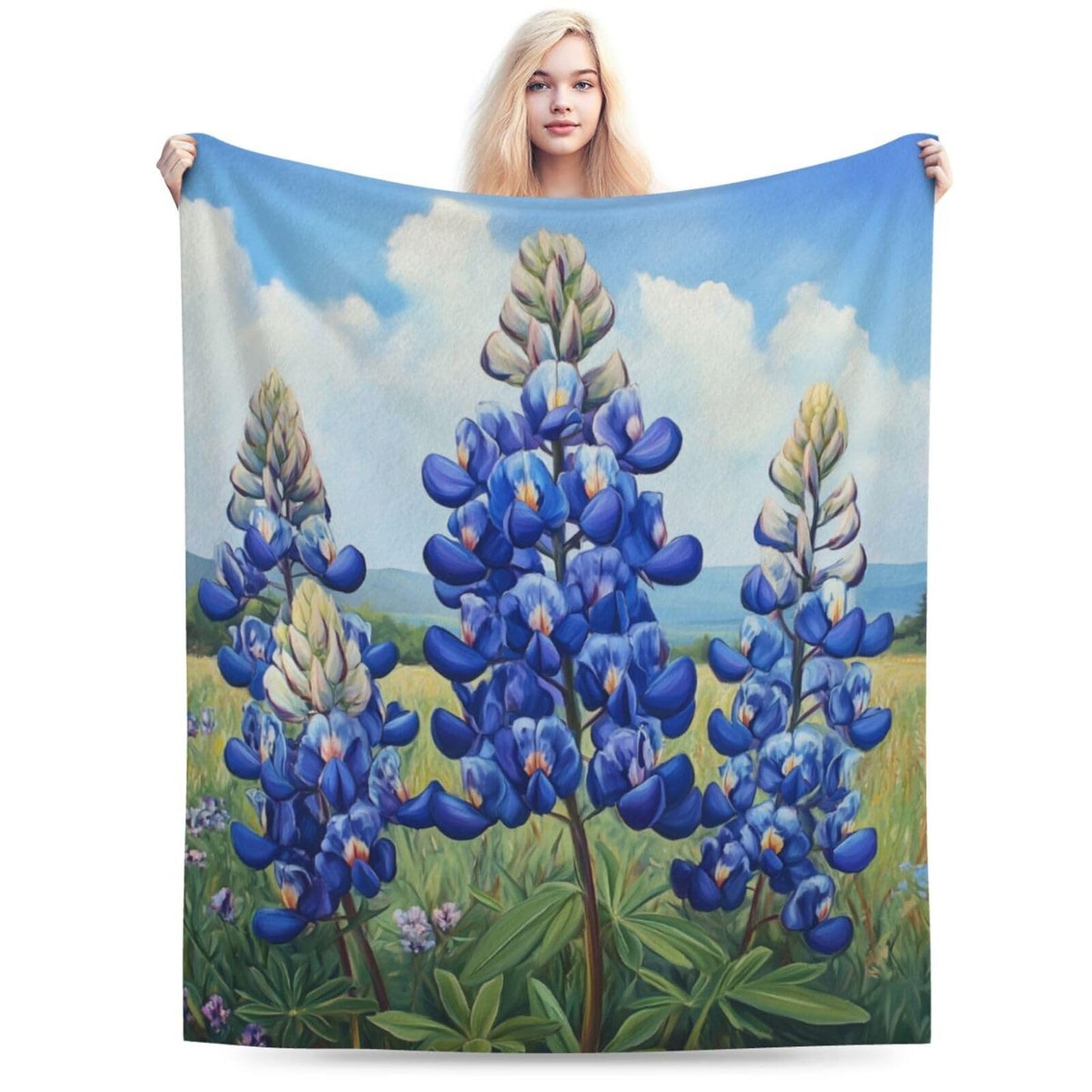 Qycazzw Bluebonnet Wildflower Blanket Gifts for Women Kids, Country Theme Flannel Blankets, Warm Cozy Soft Throw for Bedroom, Camping, Couch, Decor 50x60 in