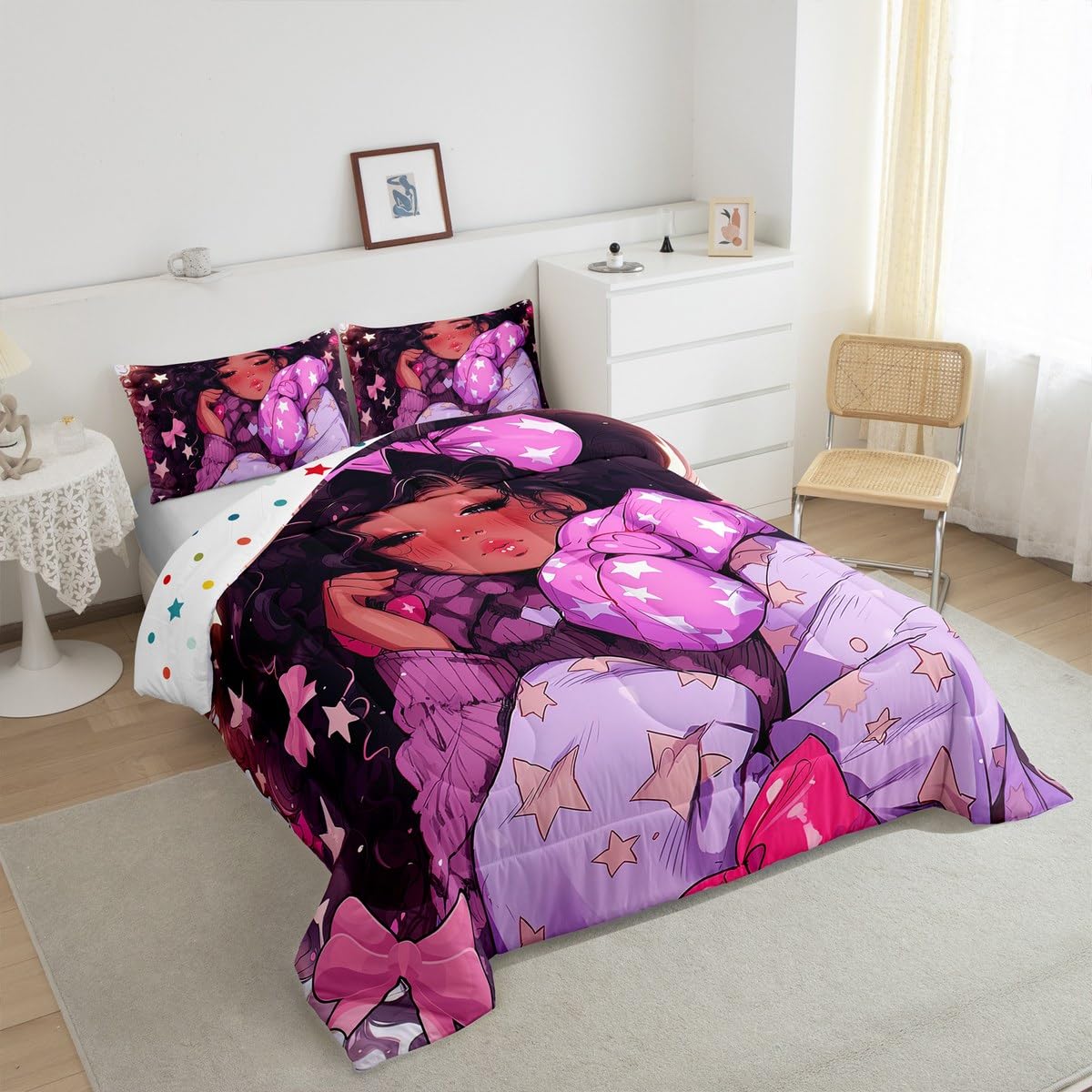 Erosebridal Black Girls Bedding Set Afro Girl Twin Comforter Set for Girls,American African Princess Magical Quilt for Toddler Kids Teenager,Pink Purple Cute Room Decor