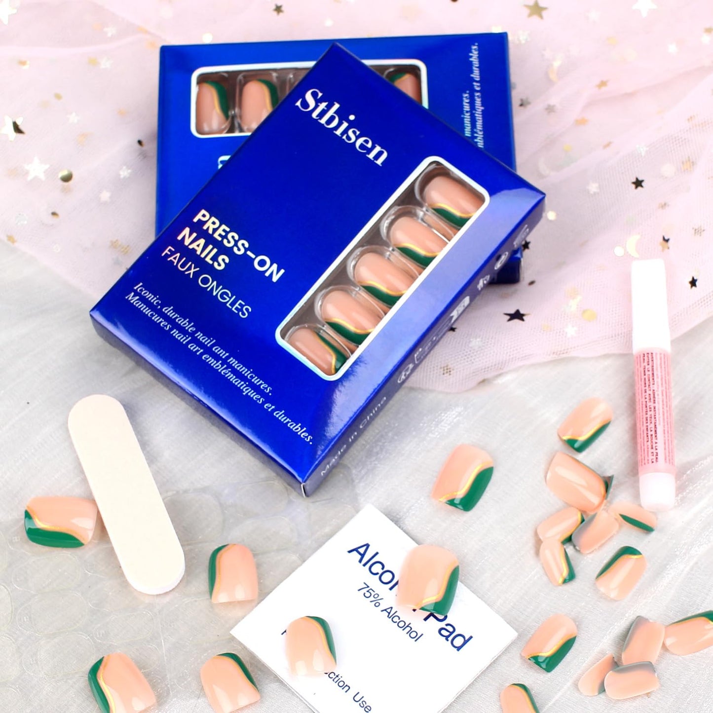 Mivota Fall Press On Nails Short Square Nude Fake Nails Green with Gold Stripes Fake Nails Fashion Glossy Acrylic Press ons Nail Gel Stick On Nails Set Glue on Nails for Women & Girls 30Pcs
