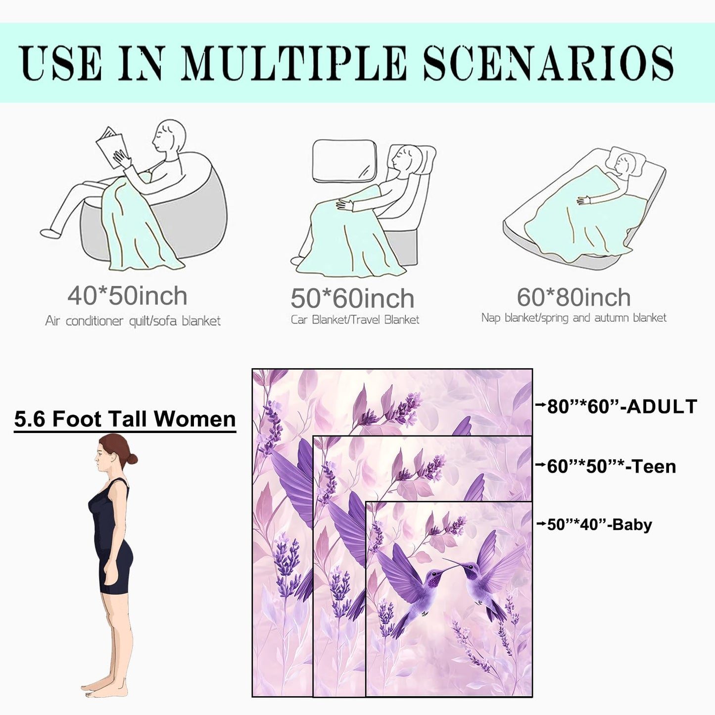coedoaes Purple Hummingbird Fleece Blanket - 50x60in Cute Bird and Lavender Floral Throw Blankets,Soft Cozy Lightweight, Ideal for Living Room Home Rustic Decor and Kids Women Girls Spring Gifts