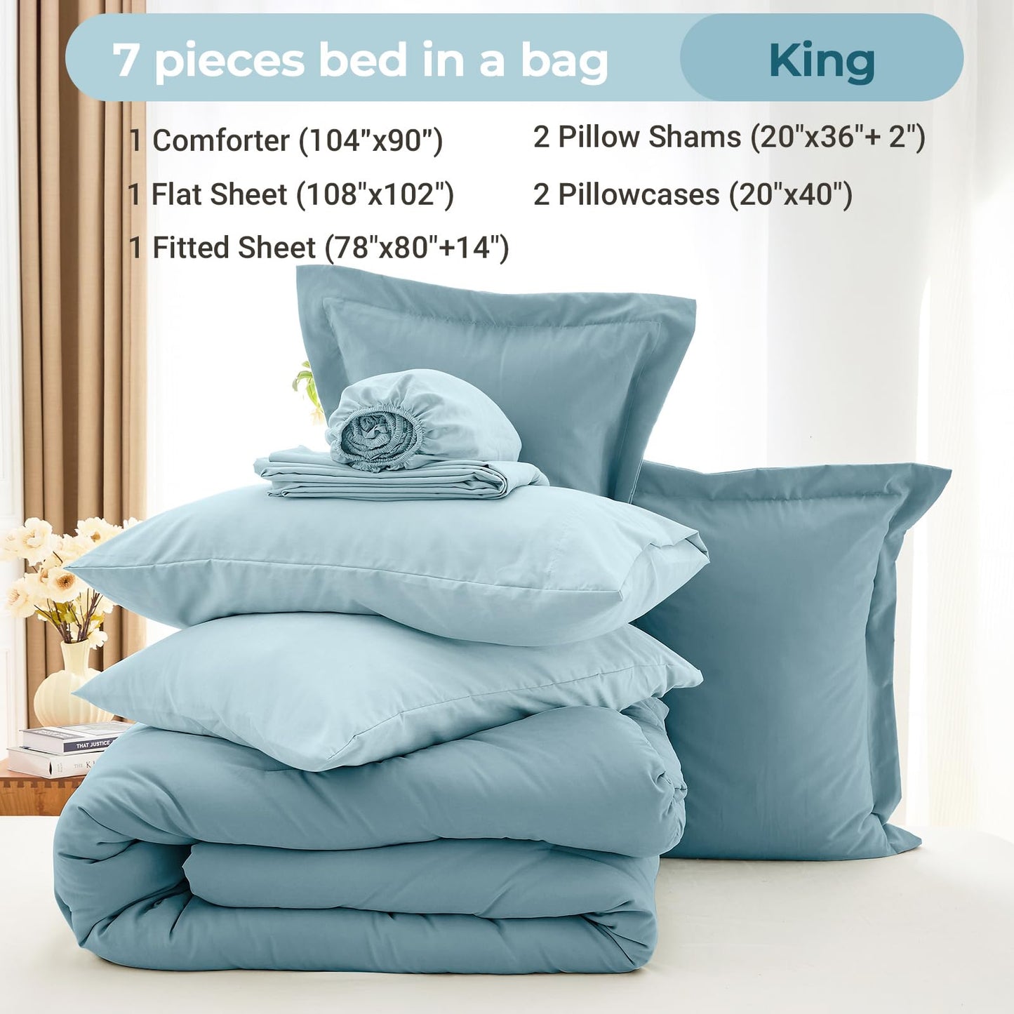 MUXHOMO 7 Pieces King Comforter Set, Soft Bed in a Bag King Size, All Season Bedding Set with Comforter, Flat Sheet, Fitted Sheet, Pillowcases & Shams, Mineral Blue & Light Blue