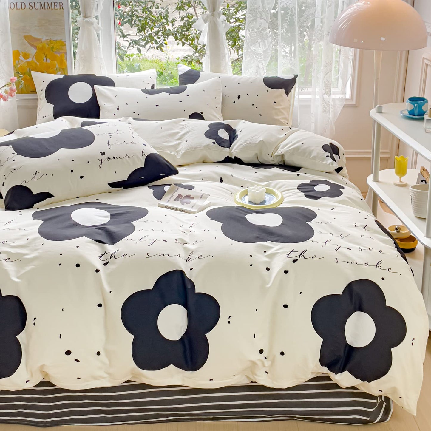LIWHENHAO Floral Duvet Cover Set Queen 100% Cotton Bedding Cartoon Black and White Flower Print 1 Kawaii Botanical Comforter Cover Full Zipper Closure 2 Pillowcases for Kids Girls Boys Woman