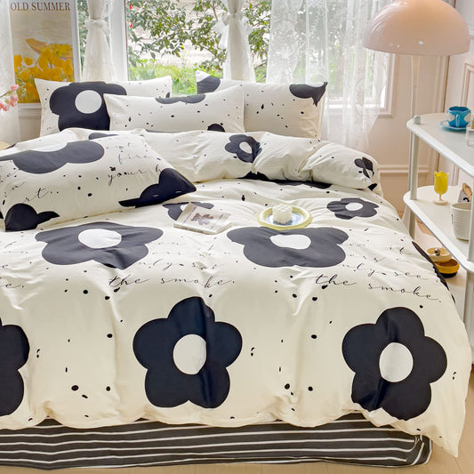 LIWHENHAO Floral Duvet Cover Set Queen 100% Cotton Bedding Cartoon Black and White Flower Print 1 Kawaii Botanical Comforter Cover Full Zipper Closure 2 Pillowcases for Kids Girls Boys Woman