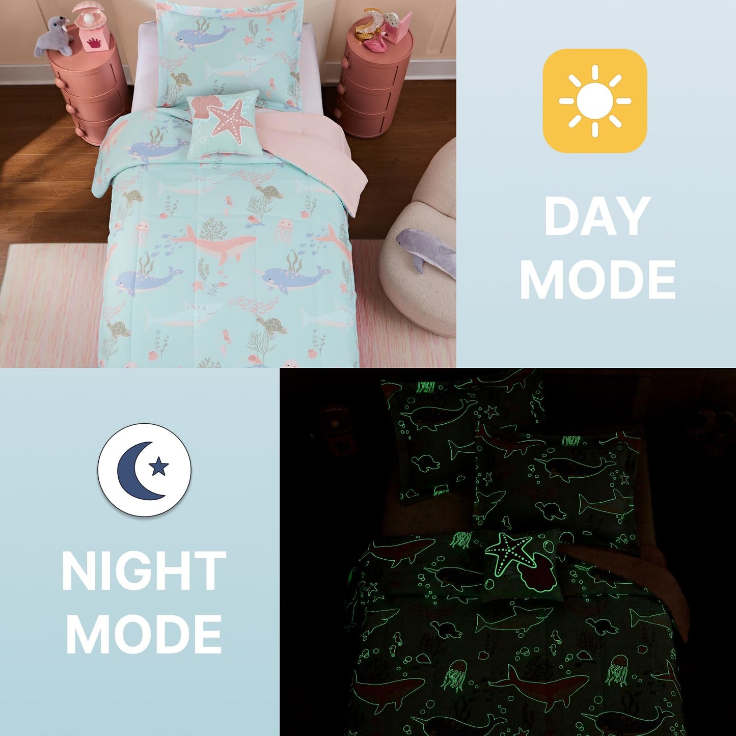 Wink Deer Twin Comforter Set for Girls-3 Pieces Ocean Animals Glow in the Dark Twin Bedding Sets for Kids,1 Comforter,1 Sham and 1 Decor Pillow