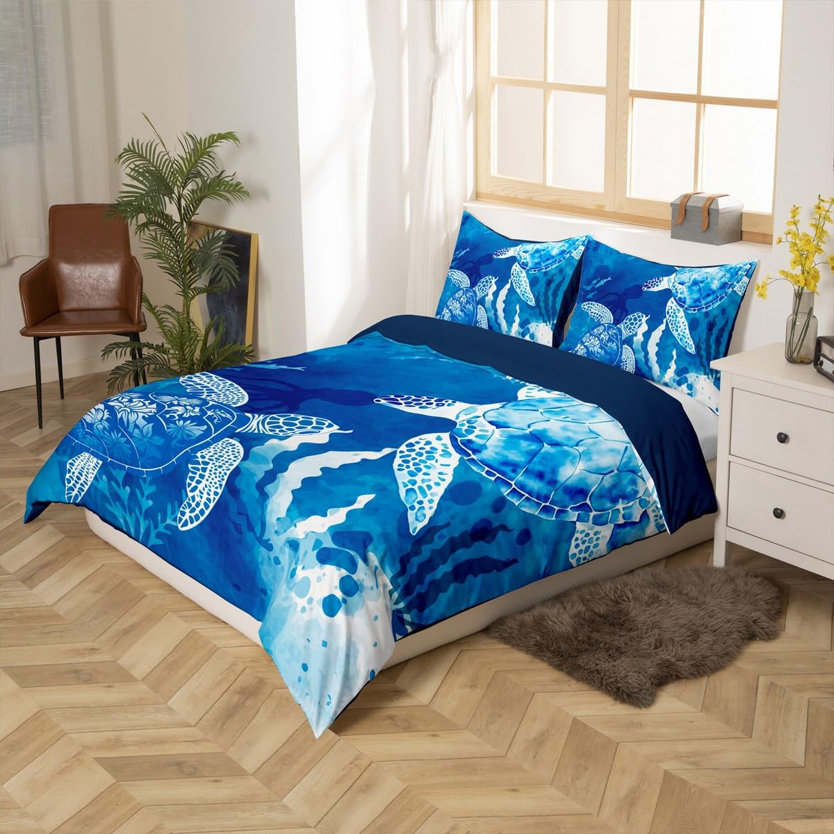 Homewish Sea Turtle Bedding Set Full,Octopus Seaweed Silhouette Duvet Cover for Teens Girls Room ,Navy Blue Tie Dye Comforter Undersea Animals Plants Quilt 3pcs with 2 Pillowcases Full 80''x90''