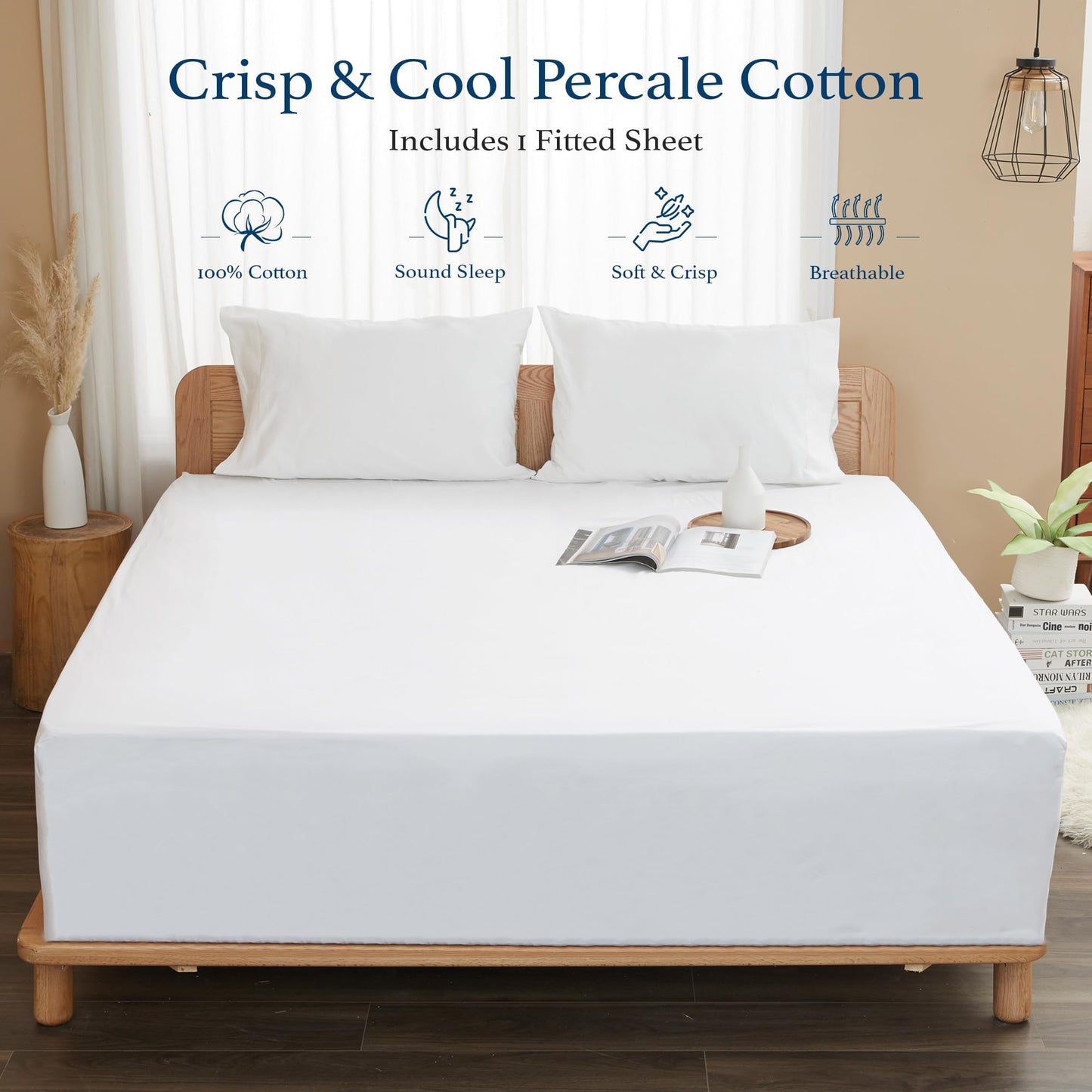 HOMTEC 100% Cotton Percale Fitted Sheet California King Size, 8-15" Deep Pocket Cooling Bottom Sheet, Breathable Soft & Crisp Fitted Sheet Only with 4 Corner Straps (Cal King, White)