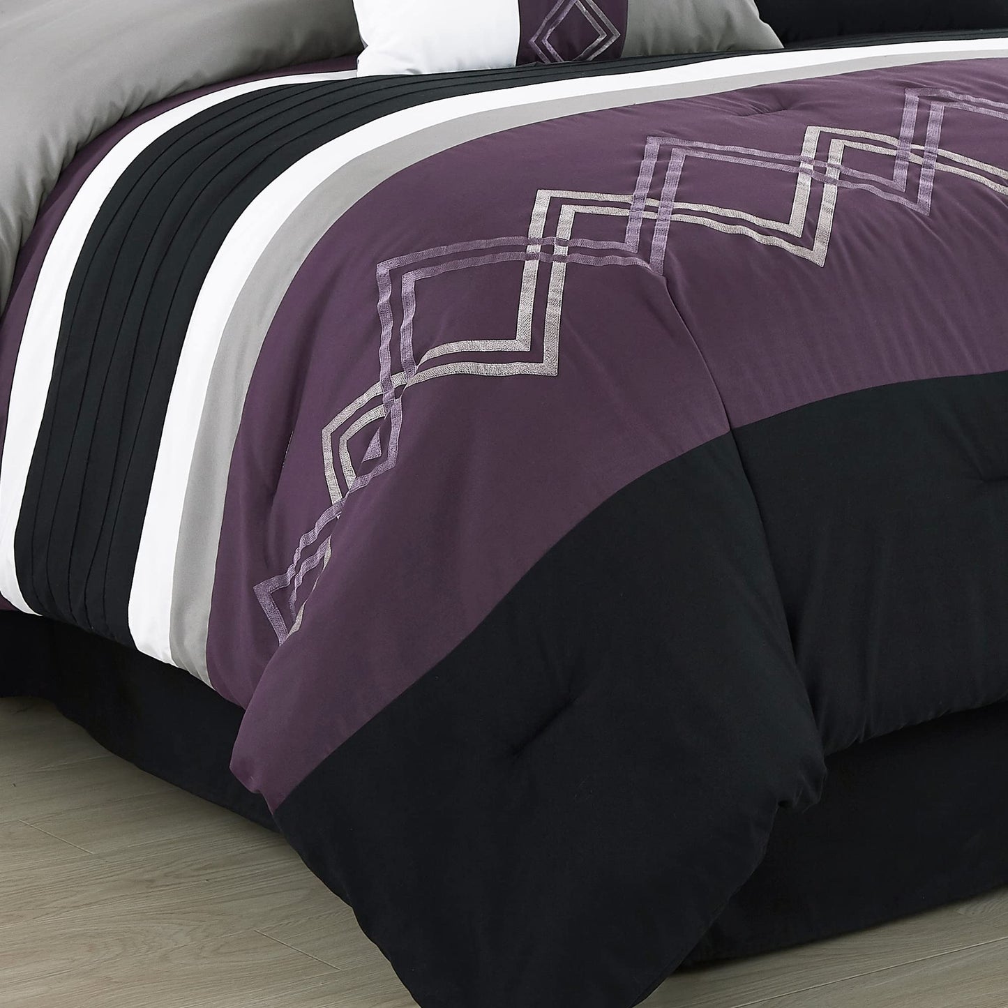 Chezmoi Collection Arden 7-Piece Modern Pleated Stripe Embroidered Zigzag Bedding Comforter Set (King, Purple/Black/Gray/White)