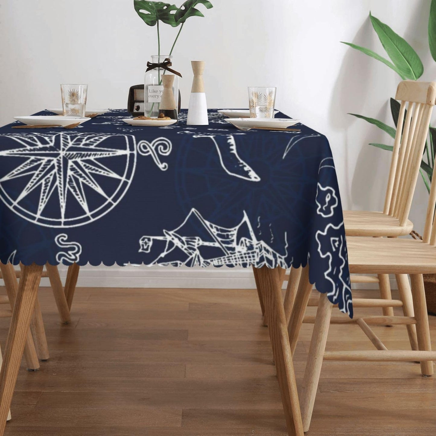 DRAVVIX Marine Nautical Rectangular Tablecloth Adventures Ships Table Cloth with Wavy Lace Decoration Polyester Table Cover for Dining, Parties 54x72 inch