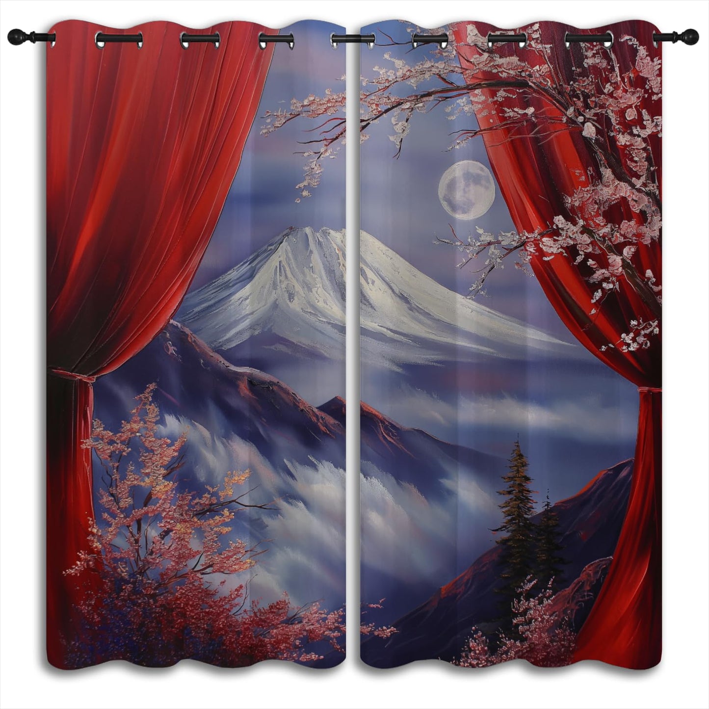 LHROOMJK Japanese Style Blackout Curtains for Boys Girl Bedroom Home Decor,Anime Art Asian Mt. Fuji Cherry Blossom Moon Thermal Insulated Grommet Darkening Living Room Window Drapes, 72 x 63 inch